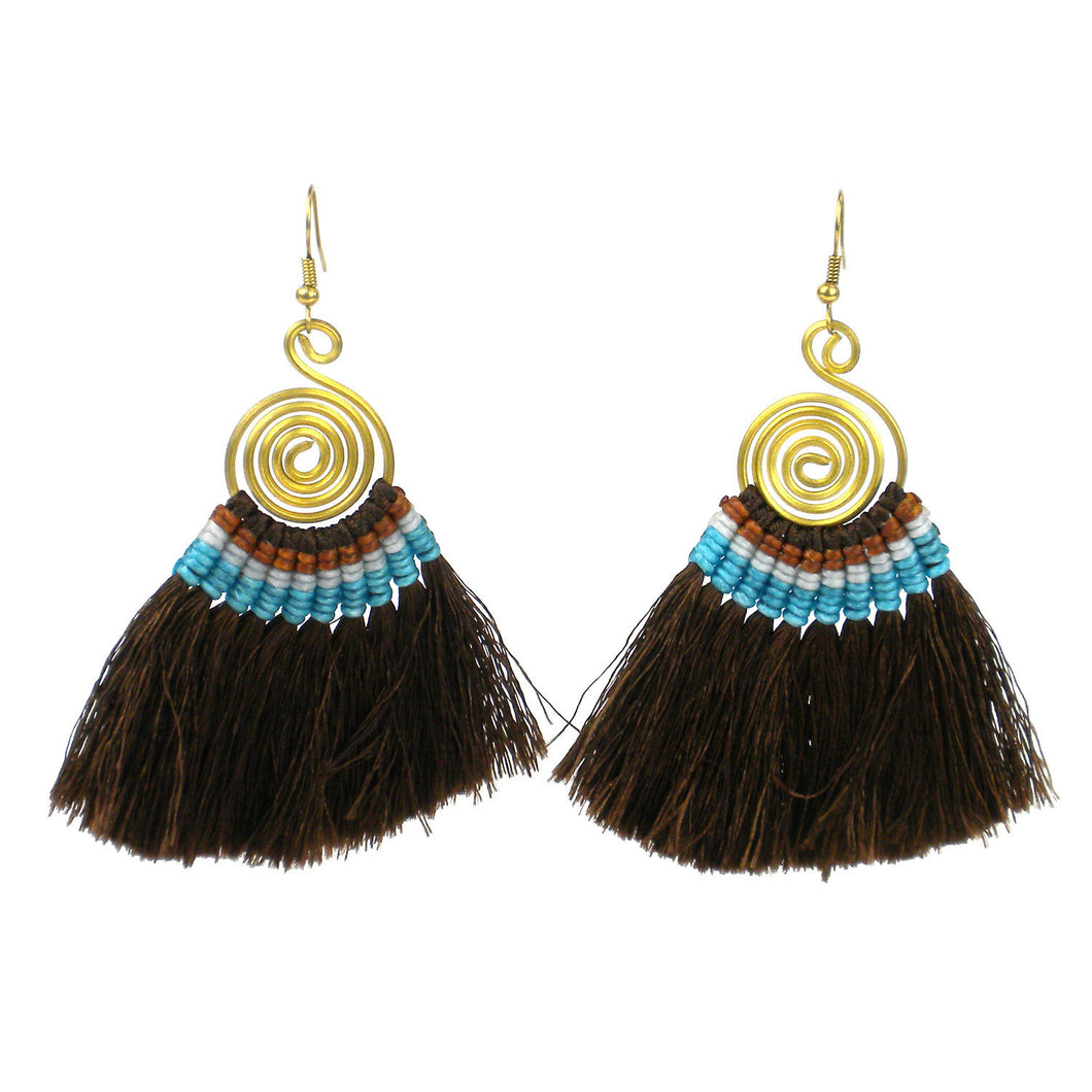 Tribal Spiral Tassel Earrings - Chocolate - Global Groove (J)