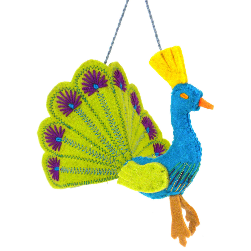 Lime Green Peacock Felt Holiday Ornament - Silk Road Bazaar (O)